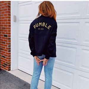 Bumble Velvety Satin Finish Letter Black Bomber Jacket Size M